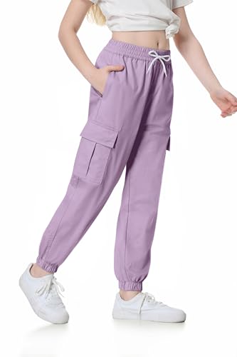 Image of SANGTREE Girl's&Women's 2 Packs Cargo Pants Elastic Waist Drawstring Tapered Multi Pockets Cargo Jogger Pants