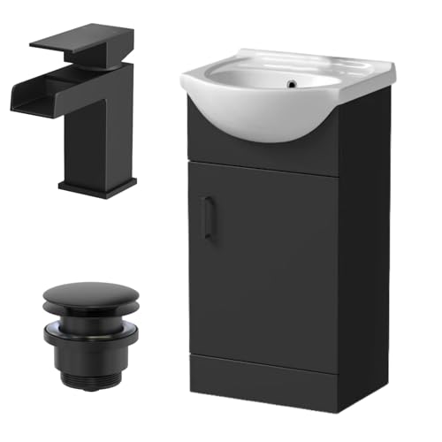 Affine® 450mm Bathroom Vanity Unit Ceramic Sink Floorstanding Storage Cabinet Cupboard & Black Waterfall Basin Tap & Waste Set, Matt Black