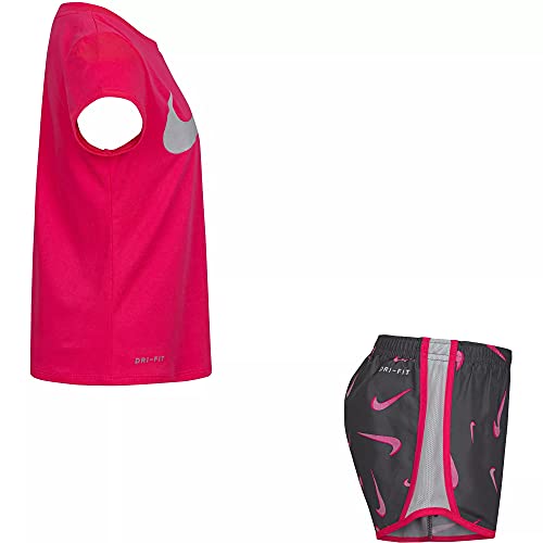 Image of Nike Little Girls' Dri-Fit Swoosh All Over Print T-Shirt and Shorts 2 Piece Set (Grey(26H664-M19) /Pink, 24 Months)