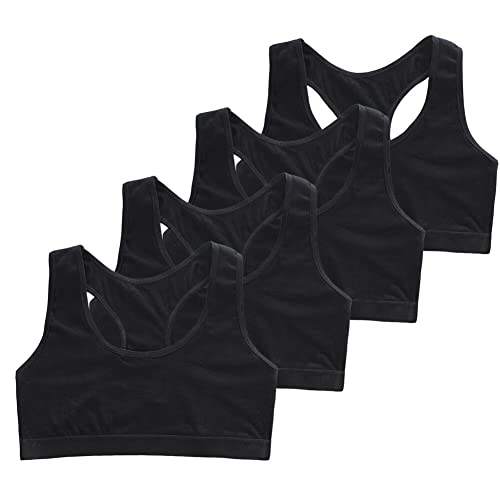 4 Pack Girls Unpadded Bra Seamless Breathable Cotton Bra Wireless Lightweight Sports Bras Girls Crop Tops for 9-14 Years Black