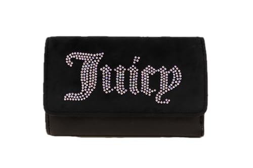 Juicy Couture Women’s Velour Double-Sided Trifold Wallet – Logo Wallet with Rhinestone “Juicy” Script, Compact Snap Closure (Liquorice)