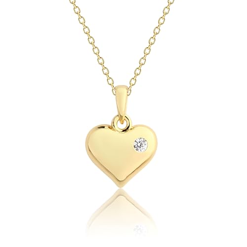 Cherished Moments Girl's 14k Gold Plated over Sterling Silver Puff Heart Necklace Accented with a Clear CZ Stone