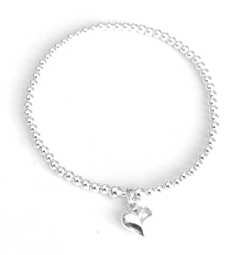 Sterling Silver 925 Beaded Stretch Puff Heart Charm Bracelet