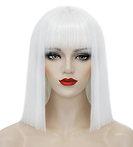 Juziviee White Wigs for Women, 12'' Short White Bob Wig with Bangs, Natural Looking Soft Synthetic Hair Wig, Cute Wigs for Party Cosplay Halloween AD016WH