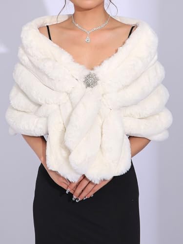 Aukmla Women Wedding Faux Fur Shawl White Bridal Fur Stoles Wrap with Rhinestones Brooch for Bride and Bridesmaids2