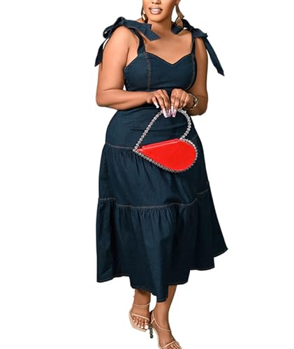Sexyshine Women's Spaghetti Strap Plus Size Denim Dress Tie Knot Sleeveless A Line Ruffle Layered Maxi Dress Jeans Dresses4