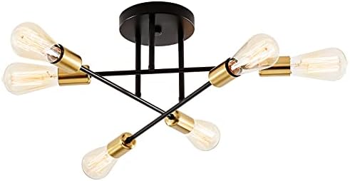 SOZOMO Modern Sputnik Chandeliers, 6-Light Mid Century Black and Gold Chandeliers Semi Flush Mount Ceiling Chandelier for Bedroom Hallway Kitchen