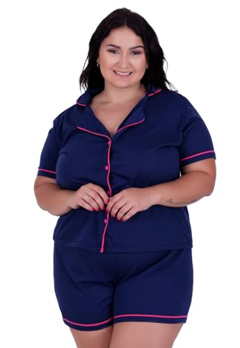 Pijama Americano Plus Size Blusa com Botões que Abrem e Short Tamanho:52;Cor:Azul;Genero:Mulher
