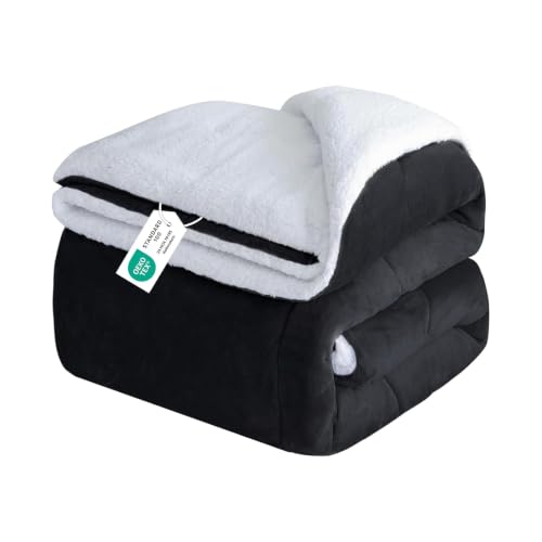 RUMBALUXY Manta de Forro Polar Sherpa, Manta Gruesa y cálida para Invierno, Manta de Felpa Suave y mullida, Negro, 152x203cm