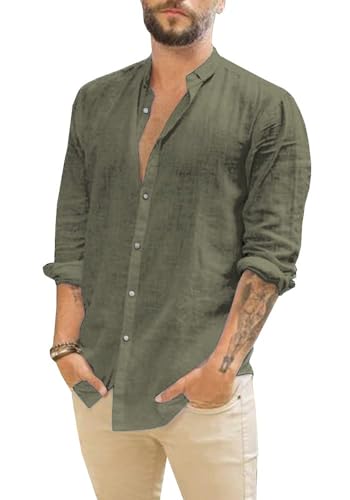Runcati Men Linen Shirt Button Down Long Sleeve Cotton Beach Band Collar Casual Summer Shirts