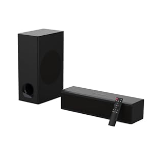 2.1 Wooden Compact TV Sound Bar with Wooden Subwoofer, HDMI ARC/Bluetooth/Optical/AUX/RCA Connection, Remote Control, Adjustable Bass, Ideal Listening Hip-Hop, Rock, Heavy Metal Music