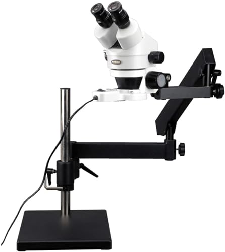 Image of AmScope SM-7B-FRL Professional Binocular Stereo Zoom Microscope, WH10x Eyepieces, 7X-45X Magnification, 0.7X-4.5X Zoom Objective, 8W Fluorescent Ring Light, Articulating-Arm Boom Stand, 110V-120V