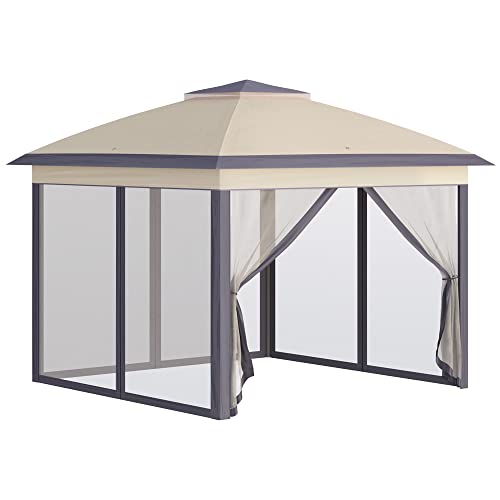 Outsunny Tonnelle Barnum de Jardin Pop-up Tente Pliant 3,3L x 3,3l x 2,88H m Double Toit 4 moustiquaires zippées Amovibles + Sac de Transport Tissu Oxford métal Beige et Marron
