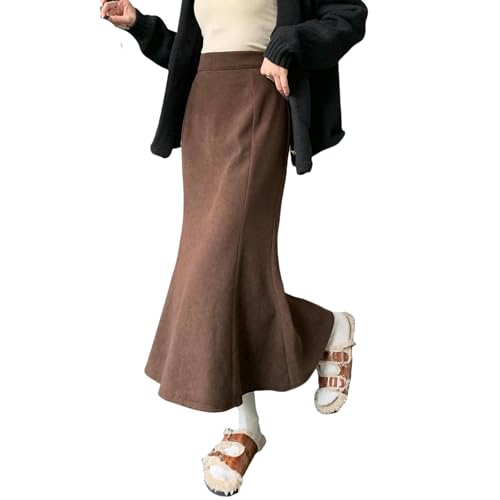 Casual Stretchy Plus Size Skirt Women Winter Keep Warm High Waist Elastic A Line Skirt Elegant Long Skirts-Brown-0Xl
