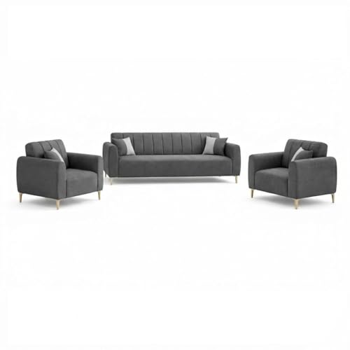 Image of Habibi Rich Velvet Suede 3+1+1 Seater Sofa Set | Spacious Soft Touch Comfort Seating | 5 Person Seating | Modern Living Room Sofa Set (Dark Gray)