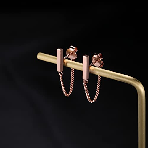 Reffeer 925 Sterling Silver Bar Chain Dangle Earrings Drops For Women Girls Gold Bar Drop Earrings Chain Studs (D-Rose Gold) #TOP2