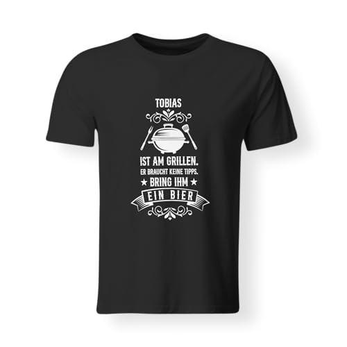 LIEBTASTISCH Personalisierbares Grill-T-Shirt | [Name] ist am Grillen. Er braucht Keine Tipps. Bring ihm EIN Bier | Ideal für BBQ-Partys (XL-Schwarz)