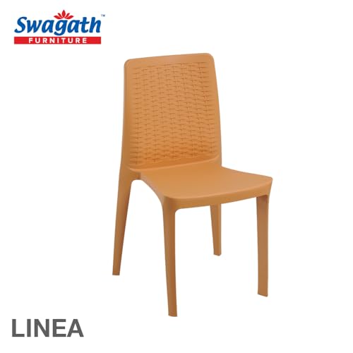 Image of Furniture 4 Seater Max Plastic Cross Leg Dining Table and 4 Nos Linea Without Arm Cushioned Chair for Home, Garden & Cafeteria (Finish Color-Amber Gold, DIY(Do-It-Yourself)