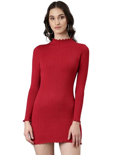 Image of SHOWOFFFF Women Solid Bodycon Casual Dress | High Neck Half Sleeves Knitted Dress for Womens | Above Knee Dress for Women's