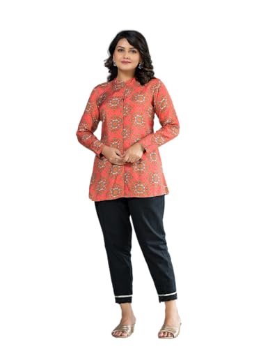 Image of Juniper Orange Ethnic Motif Printed Viscose Tunic with Buttons Detailing