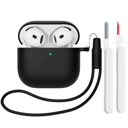 Mocarheri Funda de Silicona Compatible con AirPods 4.ª Generación con Kit de Limpiador, Fundas Protectora de Silicona para AirPods de 4 Generacion 2024, LED Visible Frontal, Negro
