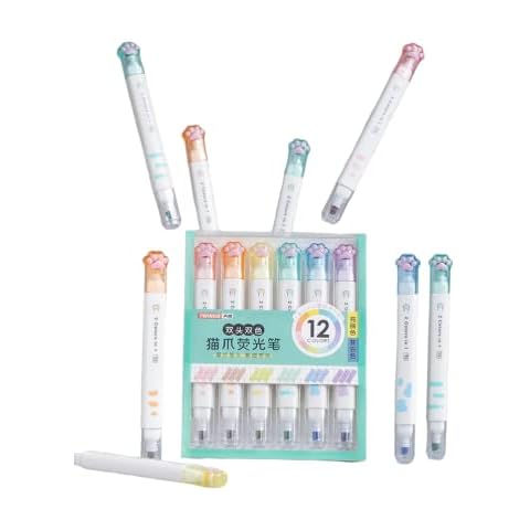 FunBlast Cute Cat Paw Highlighter Chisel Pen, 12 Color Highlighter Pen Cute, Dual-side 2 in 1 Color Highlighter Pens Set, Pack of 6 Highlighter Pen, Dual Tip Highlighter (Multicolor) Cover