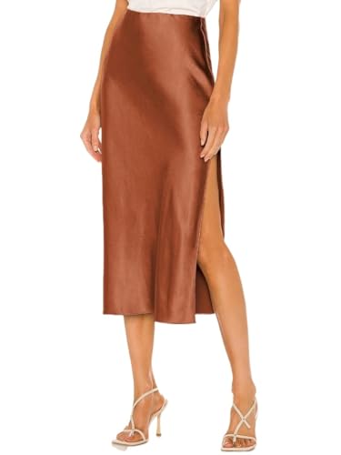 Trend Women's Summer Basic Skirt High Waisted Satin Midi Skirt for Side Slit A-Line Elastic for Beach