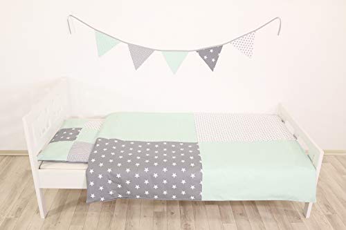 ULLENBOOM ® Kinderbettwäsche Mint Grau (2tlg. Bettset: Kissenbezug 40x60 cm & Bettdeckenbezug 100x135 cm, mit Patchworkkissen)