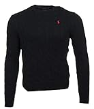 Rundhals Ausschnitt Ralph Lauren Zopfmuster Pullover - Schwarz mit rotem Logo (L)