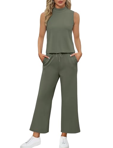 Image of SAMPEEL Two Piece Sets for Women Summer Outfits Lounge Sets Mock Neck Tops Wide Leg Crop Pants Vacation Travel Outfits