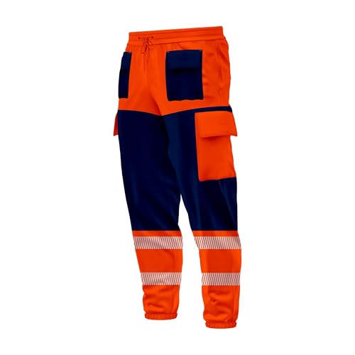 TORO ACTIVA Mens Hi Vis High Visibility Contrast Multiple Pockets Cargo Trousers Bottoms Reflective Tape Drawstring Elasticated Waist Ankle Workwear Joggers Navy Orange