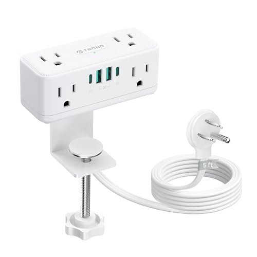 Image of TROND Compact Desk Clamp Power Strip 5ft, Fit 2.16 inch Tabletop Edge, White | Flat Plug Fit Behind Furniture, 6 AC, 2 USB-C PD 20W, 2 USB-A, 900J, Space-saving for Small Home Office Desk Accessories