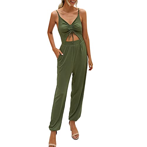 Generic Encolure spaghetti haute avec poches, Grenouillère d'été smokée pour femme avec bretelles en V et combinaison pour femme, vert, S