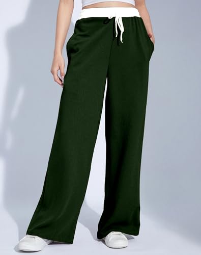 Image of Mehrang Wide Leg Drawstring Pants, with Contrast Waist Band || Casual Lounge Wear Side with Pockets, High Waisted, Relaxed Fit Trouser for Women