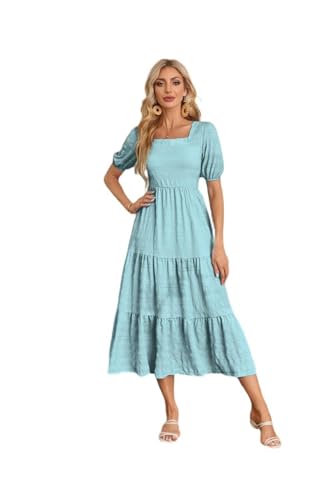 Vestido de Mujer con Mangas abullonadas, Escote Cuadrado, Fruncido en la Espalda, Manga Corta y Bolsillos - Verde Claro - XL