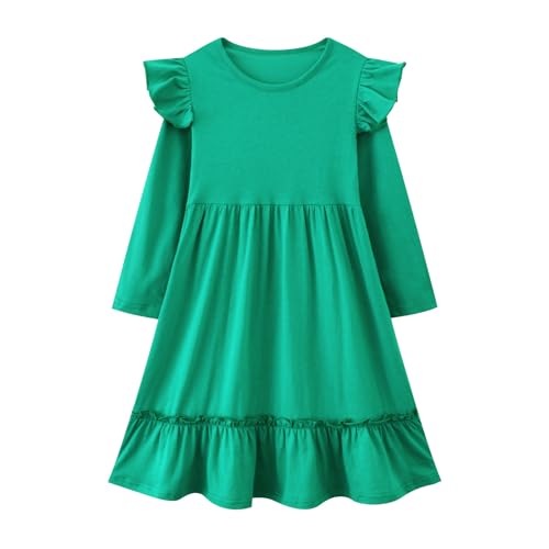 Image of Girl Long Sleeve Dress Ruffle Rainbow Color Block Cotton Casual Tiered Pleated Twirly Dress