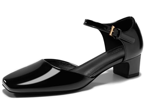 Coutgo Womens Chunky Low Heels Dress Shoes Ankle Buckle Strap Square Toe D'Orsay Pumps Work Party Shoes