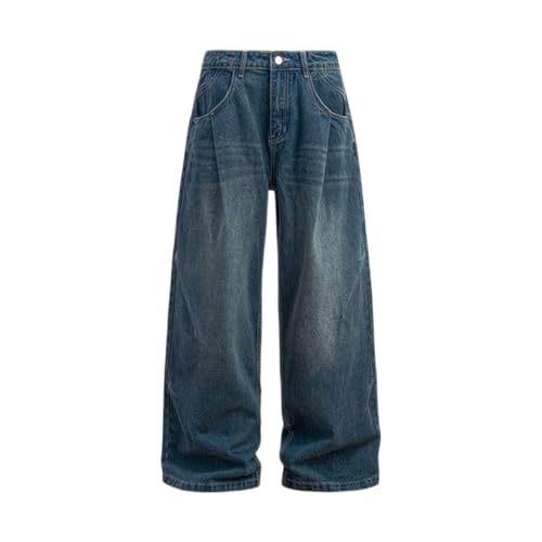 Men's American Washed Distressed Double Pleated Jeans Loose Baggy Wide Leg Floor Length Casual Trousers