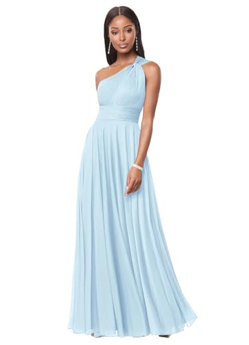 DDKoin Sky Blue One Shoulder Bridesmaid Dresses for Women A Line Pleated Chiffon Long Formal Wedding Guest Dress with Pockets Size 10