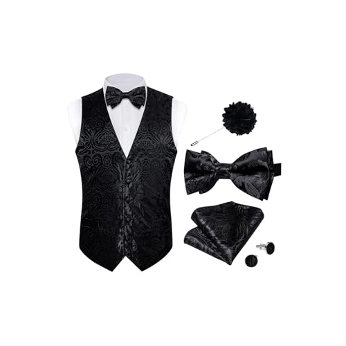 Image of DiBanGu Mens Paisley Suit Waistcoat,Silk Dress Vest and Bowtie Pocket Square Cufflinks with Lapel Pin Set for Wedding Tuxedo