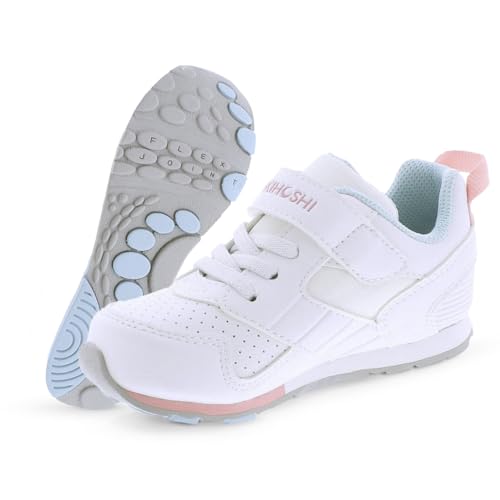 TSUKIHOSHI Racer Baby and Toddler Shoes - Strap-Closure Machine-Washable Baby Shoes with Wide Toe Box & Slip-Resistant, Non-Marking Outsoles, White/Pink - 3 Infant (0-12) Months