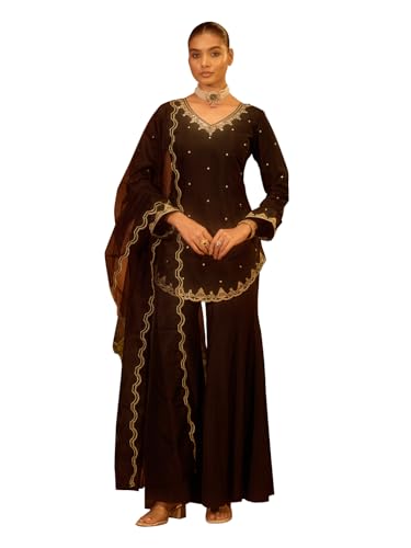 Image of FIORRA Women's Black Viscose Chanderi Embroidered Ethnic A-line Kurta Set with Dupatta