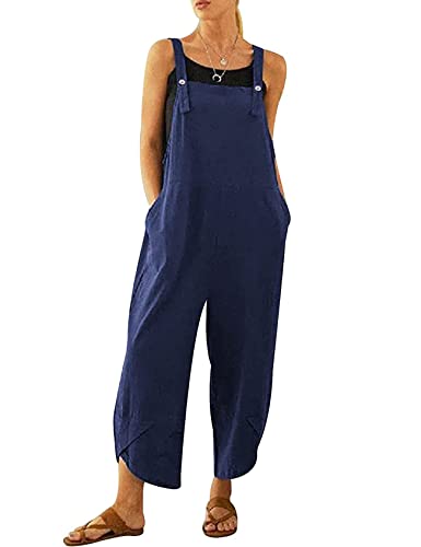 Yimoon Women's Casual Cotton Linen Baggy Bib Overalls Wide Leg Jumpsuits(Navyblue-L) #TOP13