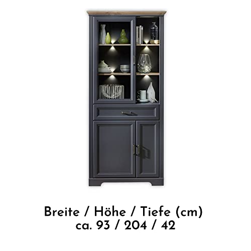 Stella Trading JASMIN Große Vitrine in Artisan Eiche Optik, Graphit - Vitrinenschrank mit LED-Beleuchtung und viel Stauraum im Landhausstil - 93 x 204 x 42 cm (B/H/T)