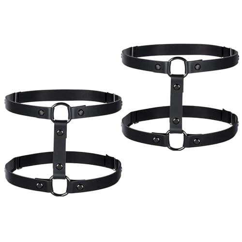 2 Rows Thigh Garters for Women, Black Leather Leg Harness Adjustable Garter Belt Elastic Thigh Ring Garter Punk Gothic Strap Body Chain Accessories Jewelry Harness for Leg Women Fashion