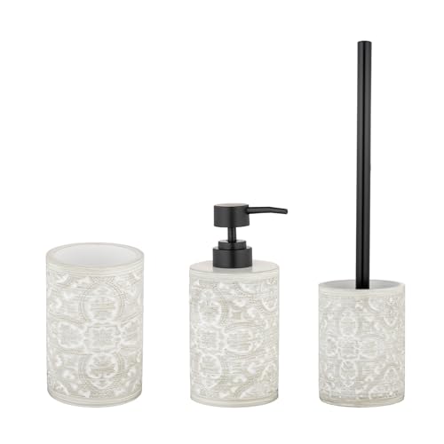 WENKO Bad-Accessoire Set Mod. Ortezzano 3-teilig mit Zahnbecher 250 ml Seifenspender und WC-Garnitur aus Edelstahl und Polyresin in Grau Schwarz WENKO Bad-Accessoire Set Mod. Ortezzano 3-teilig mit Zahnbecher 250 ml Seifenspender und WC-Garnitur aus Edelstahl und Polyresin in Grau Schwarz