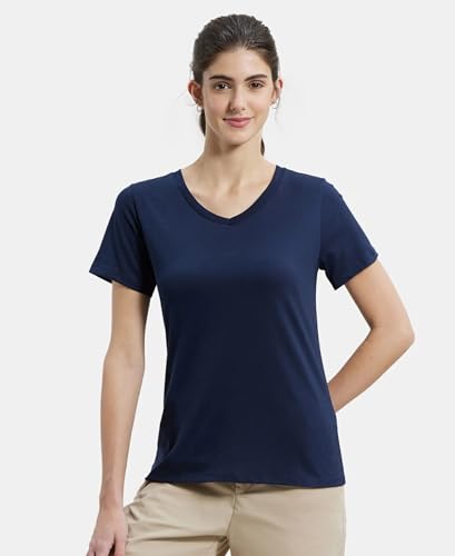Image of Jockey AW89 Women Super Combed Cotton Rich Fabric Relaxed Fit V-Neck Half Sleeve T-Shirt