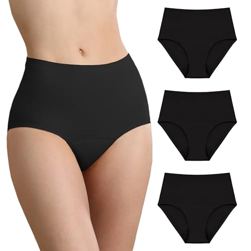 IRISMORII Ropa interior sin costuras para incontinencia a prueba de fugas para mujer, bragas de cintura alta absorbentes medias para posparto, paquete de 3 (negro 4X)