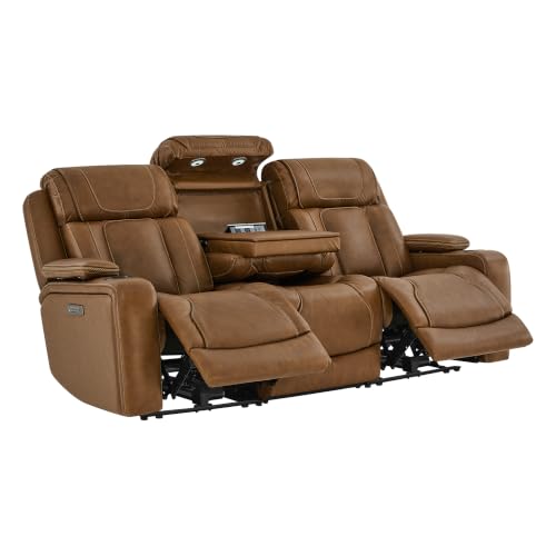 Image of Watson & Whitely Power Reclining Sofa 3-Seat Middle Flip Back, Saddle Brown