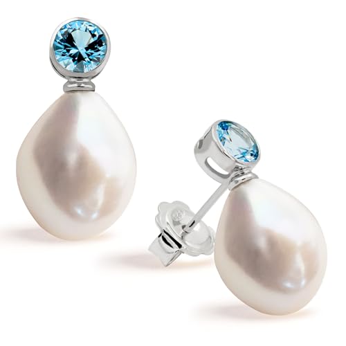 Women Pearl Earrings Freshwater Cultured Pearls Baroque Shape 12 to 13 mm with Large Zirconia Stone SECRET & YOU | Sterling Silver Earrings with Big Butterfly Backs.